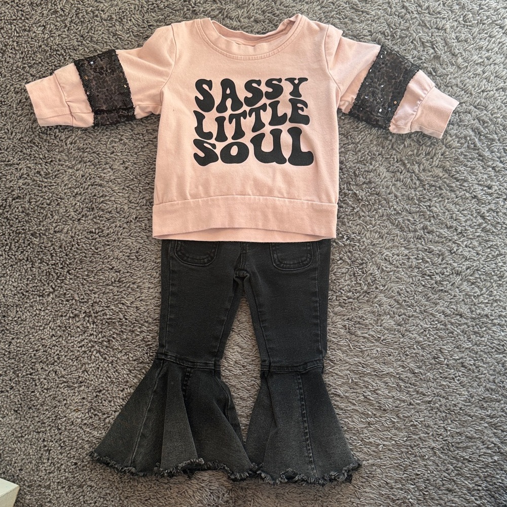 Pink Graphic Sweatshirt and Black Flared Pants Set